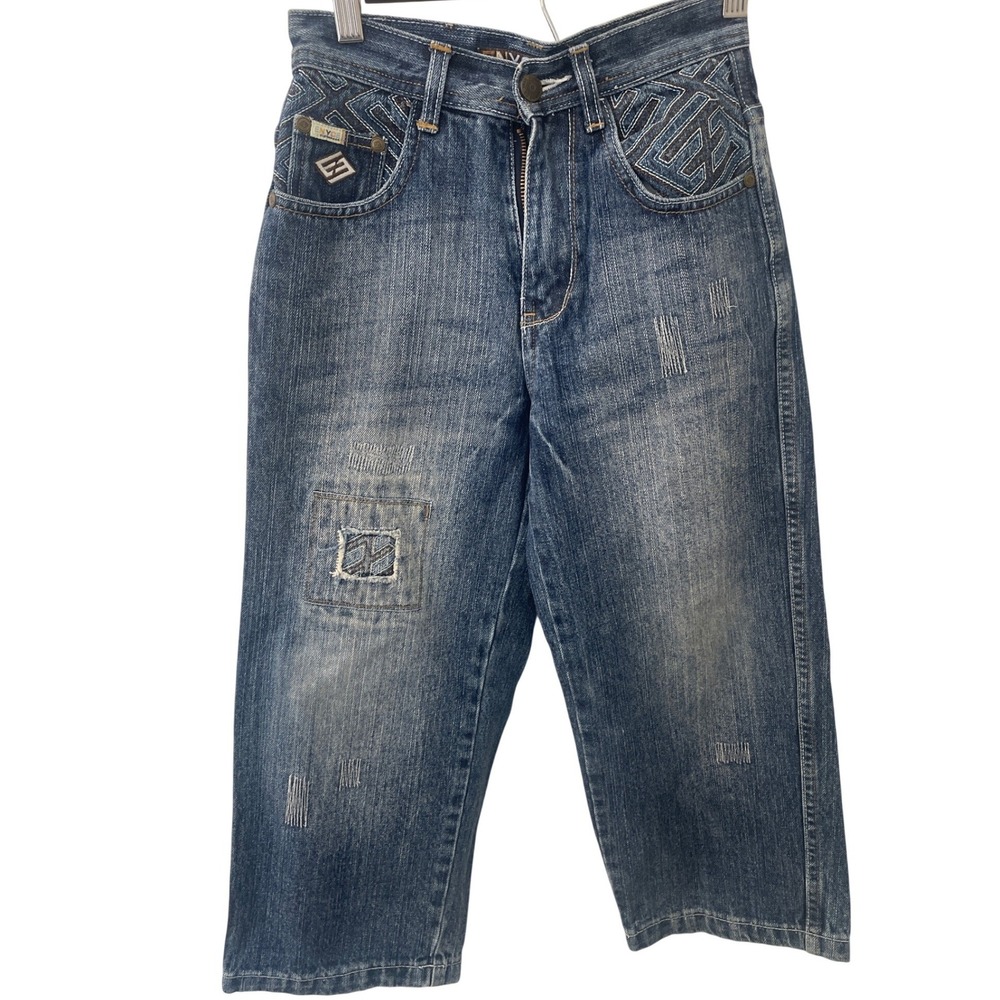 ENYCE & Co Boys size 7 Distressed Patchwork Denim Y2K Skater Embroidered Pockets